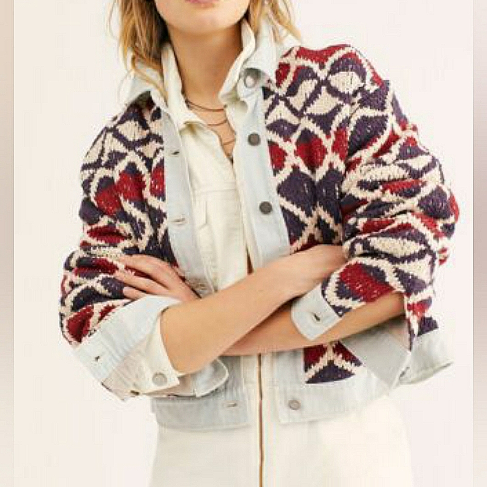 Free People We The Free Lakeside Oversized Patterned Knit and Denim Jacket